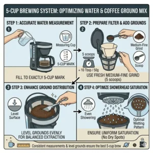 Simplified icon set showing the water heating and brewing cycle of a 5 cup coffee machine.