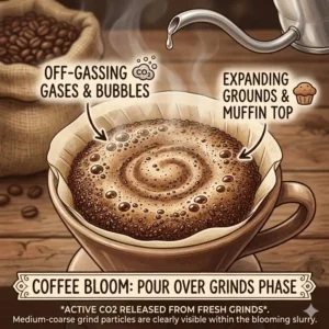 A visual representation of the blooming process when hot water first hits the pour over coffee grind.