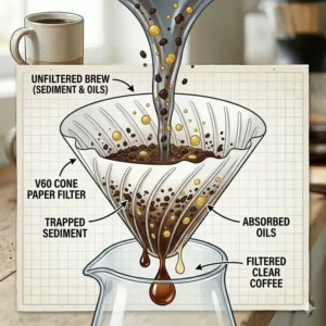 An infographic diagram showing the technical brewing process using coffee pot filters to trap sediment.