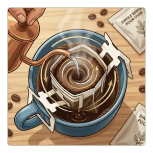 An overhead view illustration showing the circular motion of pouring water during the single serve pour over coffee brewing process.