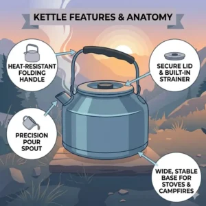 A diagram highlighting the stability and safety features of a premium camping kettle.
