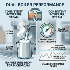 Graphic representation of consistent steam pressure levels in a professional dual boiler espresso machine.