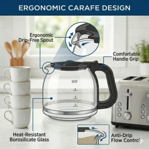 An ergonomic glass carafe with a drip-free spout designed for a 5 cup coffee maker.