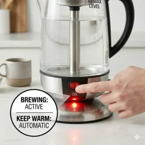 An illustration highlighting the automatic keep warm indicator light on the base of a coffee percolator electric.