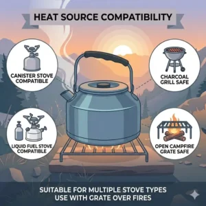 A comparison of a camping kettle being used on three different types of portable stoves.