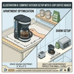 : A 5 cup coffee machine placed on a small apartment kitchen counter to save space.