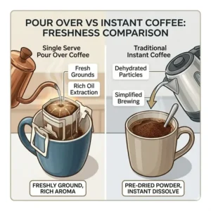 An infographic comparing the quality and texture of freshly brewed single serve pour over coffee versus traditional instant coffee.