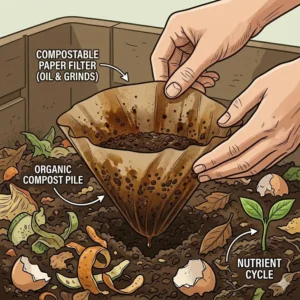 Used eco-friendly compostable coffee pot filters and organic grounds being placed into a compost bin.