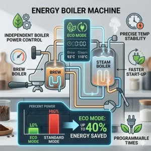 Illustration of an eco-mode setting on a modern dual boiler espresso machine to save electricity.