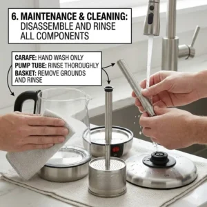 An instructional graphic showing the correct way to disassemble and wash a stainless steel coffee percolator electric.