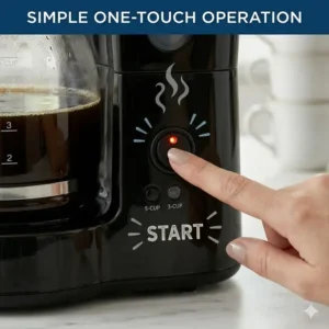 Simple one-touch power switch with an indicator light on a 5 cup coffee maker.