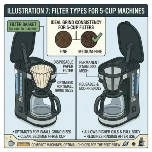 Visual guide comparing paper and permanent mesh filters for a 5 cup coffee machine.