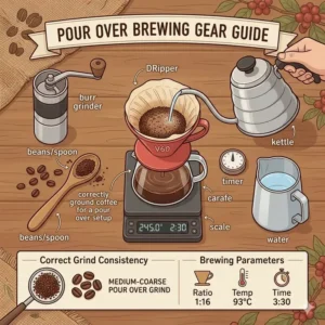 A complete flat-lay of brewing equipment prepared with a fresh pour over coffee grind.