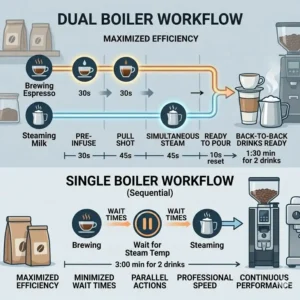 Infographic showing the time saved when using a dual boiler espresso machine for back-to-back drinks.