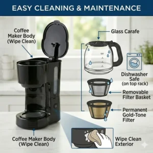 Removable and dishwasher-safe components for easy cleaning of a 5 cup coffee maker.