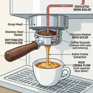 A maintenance visualization of the routine cleaning and backflushing process required for a dual boiler espresso maker.
