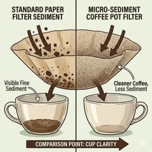 An illustration showing how micro-sediment is trapped by premium coffee pot filters for a clearer cup