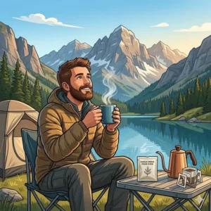 An illustration of a traveler happily enjoying a freshly brewed single serve pour over coffee while camping in the mountains.