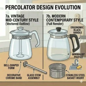 Side by side design comparison of a vintage Pyrex style coffee maker and a modern glass coffee percolator.
