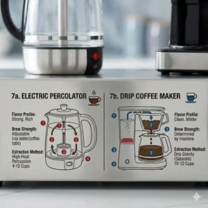 A side by side comparison diagram evaluating a traditional drip machine against a coffee percolator electric for flavor.