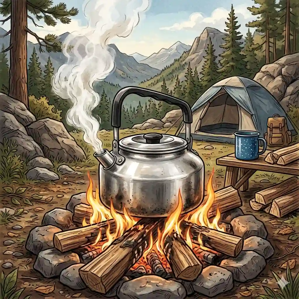 A lightweight stainless steel camping tea kettle boiling water over an open campfire at a scenic mountain campsite.