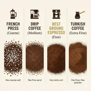 Visual chart showing best ground espresso coffee compared to French press and drip grind sizes.