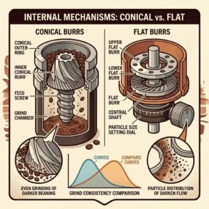 An illustrative diagram comparing flat and conical burrs used in heavy-duty commercial coffee grinders.