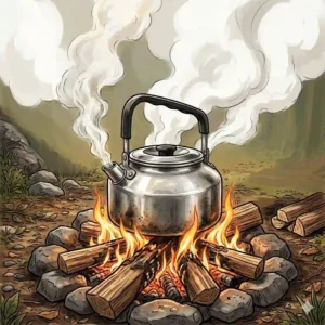 An infographic comparing titanium, aluminum, and stainless steel camping tea kettle options for backpacking.
