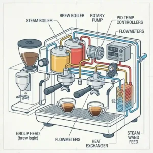 Technical diagram showing the internal components of a high-performance commercial automatic espresso machine.