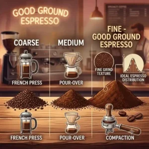 "A side-by-side comparison of coarse, medium, and the fine texture of good ground espresso."