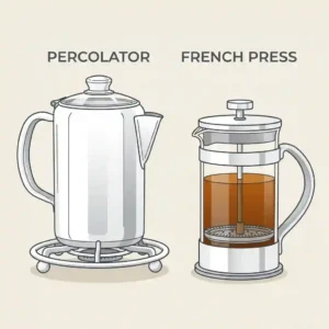 An illustrated diagram showing the inner components of a stovetop percolator vs french press structural differences.