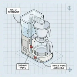 Cutaway illustration of a water reservoir and intake valve assembly showing these coffee brewer parts.