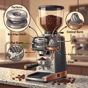 Detailed anatomy of flat and conical burrs inside a commercial coffee grinder machine.