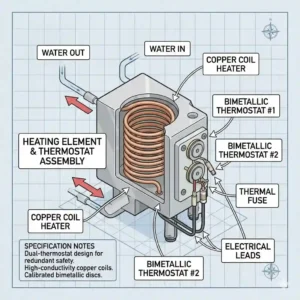 Technical illustration highlighting the heating element and thermostat coffee brewer parts.