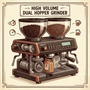 A large-capacity commercial coffee grinder with a dual hopper for high-volume cafe production.