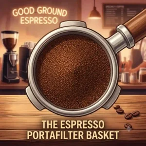 "A diagram of a portafilter basket filled and packed evenly with good ground espresso."