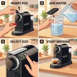 A close-up illustration focusing on a small ceramic cup filling with dark espresso from the spout of a nestle coffee machine.