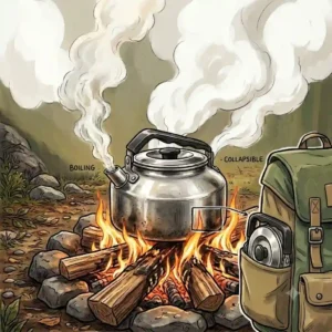 Illustration showing how a collapsible camping tea kettle fits into a hiker's backpack alongside other camp cooking gear.