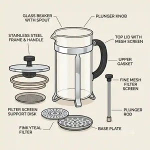 A detailed illustration highlighting a glass percolator vs french press parts including the plunger and mesh filter.