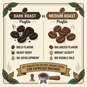 Illustration of medium and dark roast beans showing how they affect the flavor profile of the best ground coffee for espresso machine.