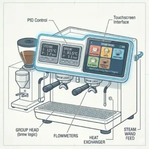 The sleek digital touchscreen interface and drink menu of a modern commercial automatic espresso machine.