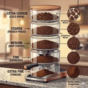 Chart showing different grind settings on a commercial coffee grinder machine.