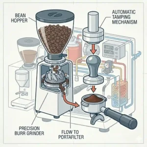 An illustration of the integrated precision grinder and automatic tamping system inside a commercial automatic espresso machine.