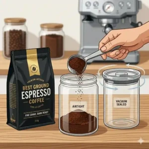Transferring the best ground espresso coffee into an airtight glass canister for freshness.