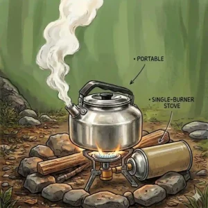 A small aluminum camping tea kettle heating up on top of a compact, single-burner portable camp stove.
