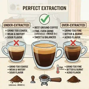 Diagram displaying how the best ground coffee for espresso machine extracts perfectly compared to under-extracted and over-extracted results.