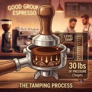 An illustration showing proper tamping pressure on a bed of good ground espresso, with arrows