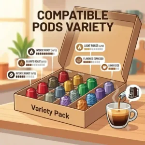 An colorful, open box showing a wide variety of compatible capsules for the nestle coffee machine, labeled by flavor profile.