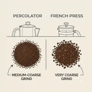 A visual comparison of coarse coffee grounds used for a percolator vs french press coffee grind size analysis.