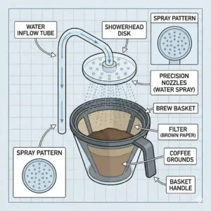 Close-up diagram showing the water showerhead and brew basket coffee brewer parts.